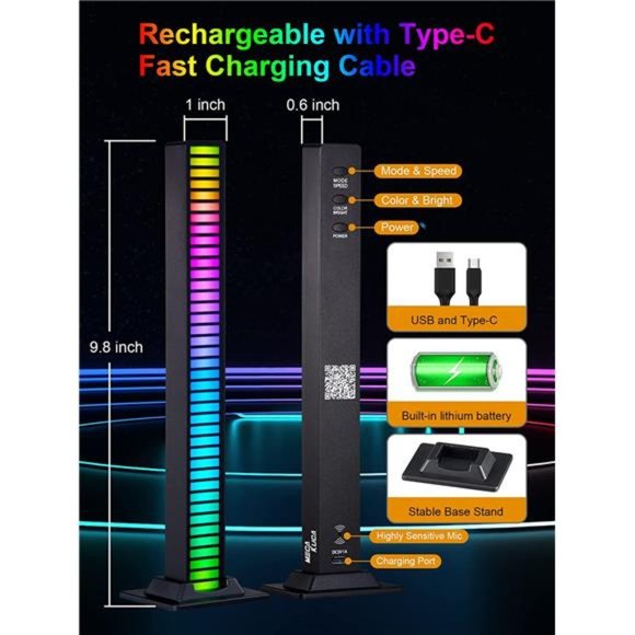 RGB Light Bar 2PCS, Mini Rechargeable Music Sync Sound Activated Colorful LED - Picture 4 of 6